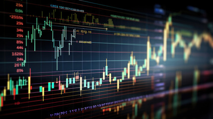 Close-up of a financial trading screen displaying market data with various colored candlestick charts, numerical values, and trend lines indicating stock performance.