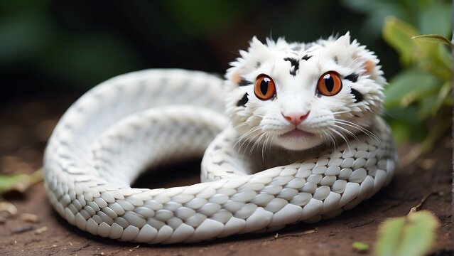 Adorable White Snake with Cat-Like Face. Fantasy Animal