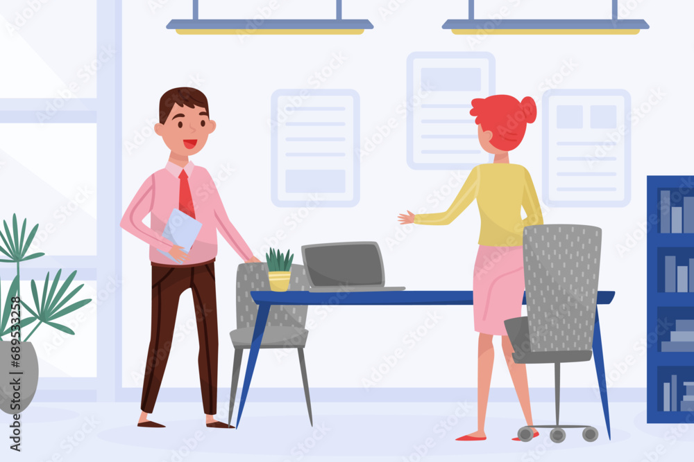 Poster man at job interview talking to manager vector illustration