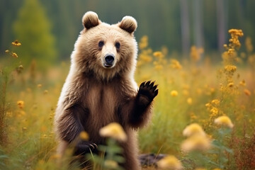 A close-up photo of a cute bear standing with a greeting pose and facial expression, isolated nature and blur background...