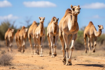 A close-up photo of a line of camels going forward, marching, desert area, isolated nature and blur background...