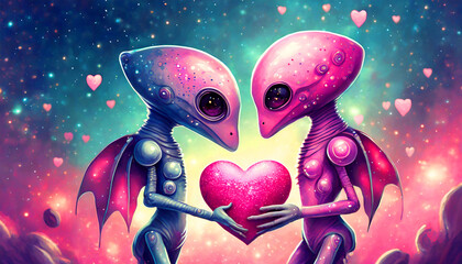 Valentines day background with two alien holding a heart in their hands - obrazy, fototapety, plakaty