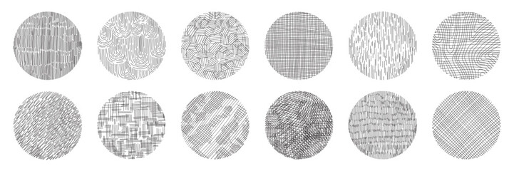 Set of hand drawn pencil crosshatch shapes. Doodle and sketch style. Black squiggle texture of rain, wood, wave. Circle with grunge lines.