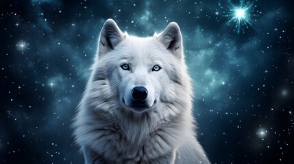 White wolf in deep space with stars and nebula. White wolf in the forest against the background of a night landscape.