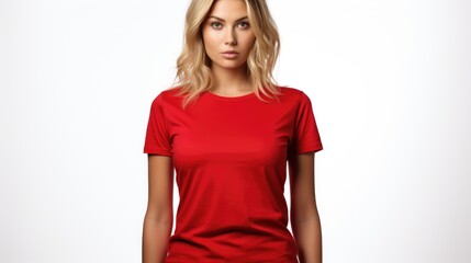 Fototapeta premium Front-facing red T-shirt mock up with a blank canvas for your ideas on blonde woman on white background