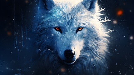 White wolf in deep space with stars and nebula. White wolf in the forest against the background of a night landscape.