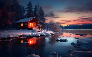 Fototapeta premium Foggy house on the shore of Lake. Beautiful wooden house on the lake at night in winter forest.