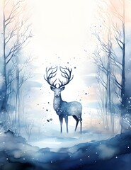 Deer with big antlers in the forest. Christmas background.