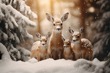 Group of deer in the winter forest. 