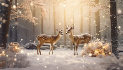 Two deers in winter forest with snow. 