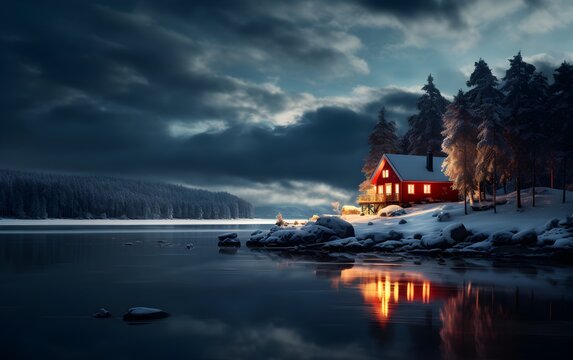 Foggy house on the shore of Lake. Beautiful wooden house on the lake at night in winter forest.