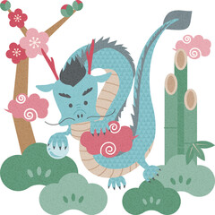 ポップな干支・辰と松竹梅のイラスト