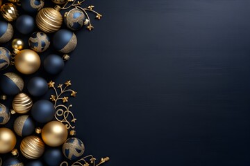 Christmas and New Year background with golden balls and fir branches on blue.