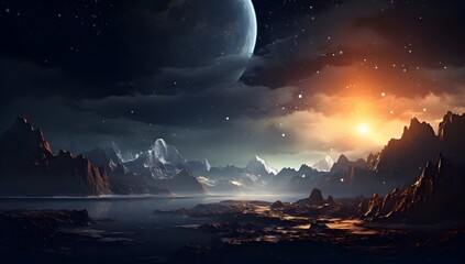 Fantasy alien planet. mountain and lake background.