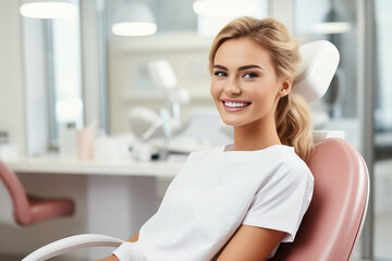 Young smiling woman sitting on chair at dentist office. Dental care, healthy teeth - obrazy, fototapety, plakaty