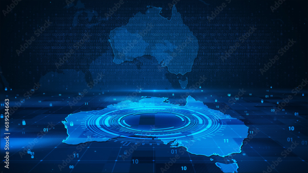 Wall mural digital technology security numbers circle background on australia map hud
