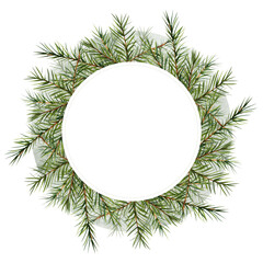 Fir branches. Wreath made of forest branches. Watercolor illustration. For design of cards, banner, textiles. Isolated white background