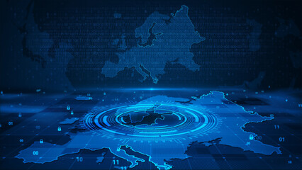 Digital technology security numbers circle background on Europe map HUD © StudioProX