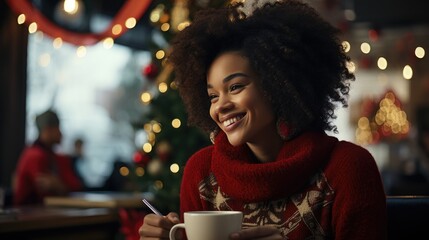 African american young smiling woman in sweater holding white coffee mug with blurred lights background