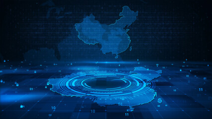 Digital technology security numbers circle background on China map HUD
