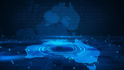 Digital technology security numbers circle background on Australia map HUD