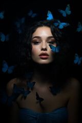 
Portrait of a beautiful young woman with makeup, surrounded by blue butterflies. An artistic photo of a fashion model with beautiful skin. The atmosphere is dark and cinematic.