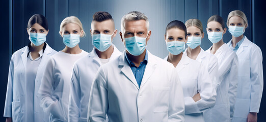 Obraz premium Group of doctors with face masks looking at camera, corona virus concept