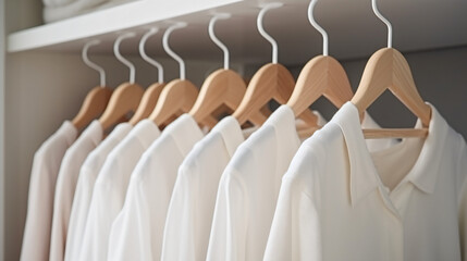 Wooden white hangers in wardrobe