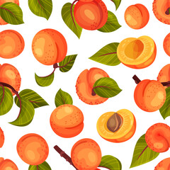 Juicy Apricot Fruit Seamless Pattern with Ripe Garden Crop Vector Template