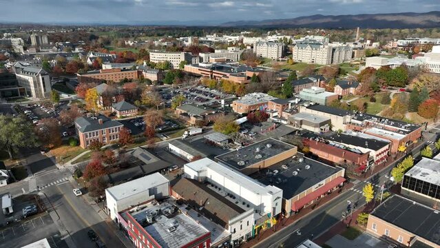College town in USA. Blacksburg, home to Virginia Tech. High aerial establishing shot.