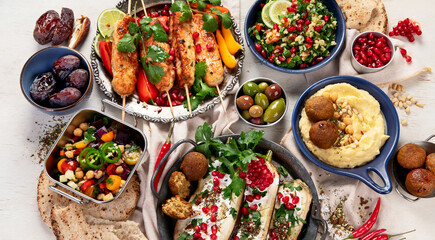 Middle eastern or Arabic dishes on light background. Tasty traditional food