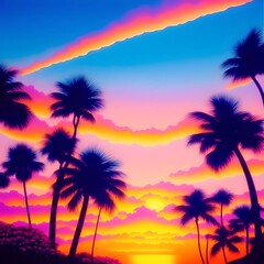Fototapeta na wymiar Pleasing Beach Landscape with Palm Trees and Beautiful Sunset Illustration