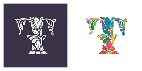 Letter T logo with botanical and flower pattern. Traditional leaves and curved lines embroidery ornament. Icon for wedding ceremony, vintage greeting cards, birthday identity and party invitations.