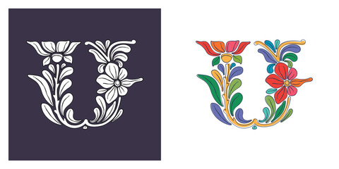 Letter U logo with botanical and flower pattern. Traditional leaves and curved lines embroidery ornament. Icon for wedding ceremony, vintage greeting cards, birthday identity and party invitations.