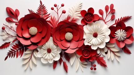 Christmas Flowers. Red and white flowers on white background. Christmas decoration. Floral pattern