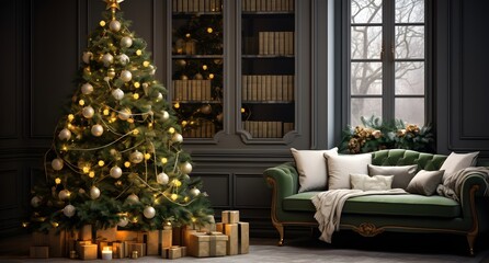 Beautiful Christmas tree in the interior of the room.