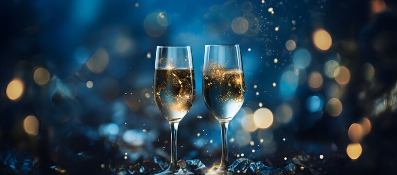 Two glasses of champagne on the background of a blue bokeh