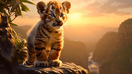 Cute little striped bengal tiger cub standing in a high rock in safari, African wildlife nature, horizon view of savanna jungles and sunny valleys full of predators and wild cats - obrazy, fototapety, plakaty