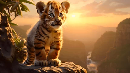 Foto op Canvas Cute little striped bengal tiger cub standing in a high rock in safari, African wildlife nature, horizon view of savanna jungles and sunny valleys full of predators and wild cats © Nemanja