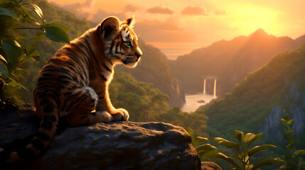 Cute little striped bengal tiger cub standing in a high rock in safari, African wildlife nature, looking at the horizon view of savanna jungles and sunny valleys full of predators and wild cats - obrazy, fototapety, plakaty
