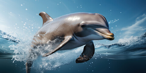 Photograph of a dolphin jumping out of the water. Generative AI.