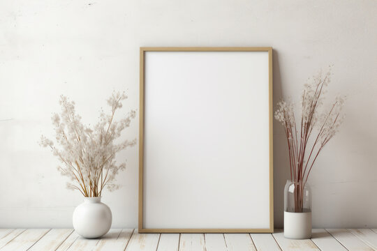 Wooden frame with white background, for advertising. Generative AI.