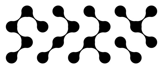 Black meta balls set. Diagonal connected morph dots. Liquid blobs pattern collection. Thin integration abstract concept. Rounded design element bundle for logo, icon, tag, emblem, poster. Vector pack