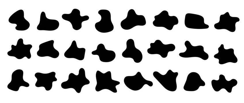 Abstract organic shapes set. Irregular liquid forms collection. Black amoeba blobs, blotches, drops and stains pack. Different design elements for label, sticker, banner, bubble, label. Vector bundle