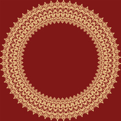Oriental vector round frame with arabesques and floral elements. Floral red golden round border with vintage pattern