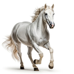 A magnificent white stallion galloping proudly, its long mane and sorrel liver flowing gracefully in the wind. White isolated