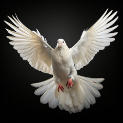 A majestic white bird with wings spread soars gracefully. White isolated