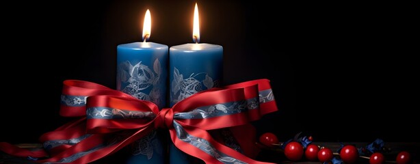 Christmas candles with red ribbons on black background.