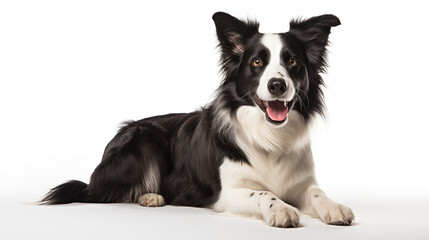 A adoreable border collie in crouching position, white background