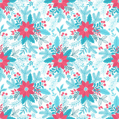 Christmas seamless pattern with holly leaves and poinsettia, Christmas tree branches, red berries and flower on white background . Vector hand draw illustration for wrapping paper, greeting cards